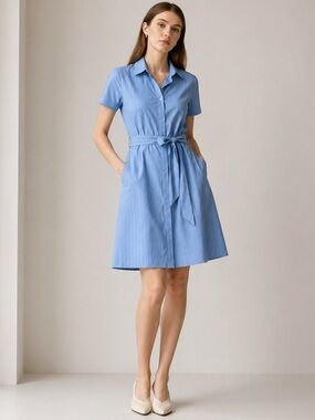 Kit + Ace Metier Striped Shirt Dress Blue Tie Waist Collared Short Sleeve A-Line